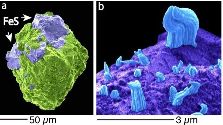 Dust particle from asteroid Itokawa / Iron whisker on troilite surface