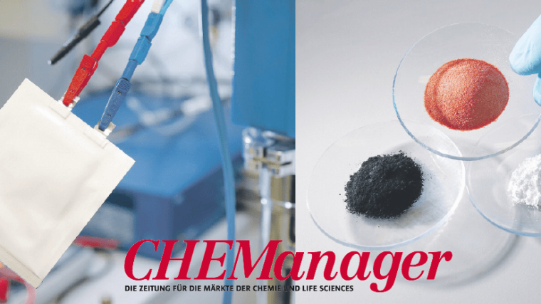 Links: Polymerbatterie-Pouchzelle. Rechts: Bestandteile einer polymerbasierten Batterie (Redoxpolymer, Kohlenstoffadditiv und Binder).