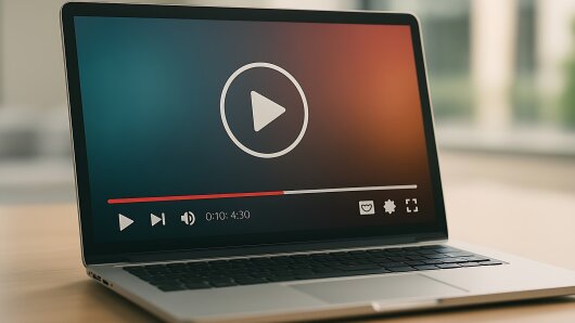 Ein Laptop mit einem "Play"-Symbol auf dem Bildschirm