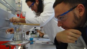 Student teachers learn about school chemistry experiments in the lab