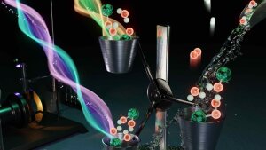 Künstlerische Darstellung der Zwei-Photonen Wasserspaltung an einem Ruthenium Komplex