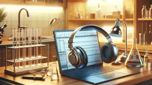 AI generated illustration of a chemical assistant listening to a podcast