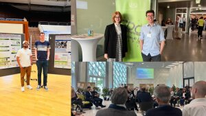 Foto von Muhammad und Alexander an der CataLysis, Kristína und Jacob an der LCP in Mainz und abschließende Fish Bowl Diskussion auf dem FONA-Forum.