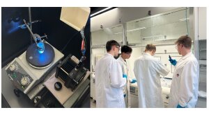 Links: Bestrahlungsexperiment. Rechts: Schülerbesuch in der water splitting Gruppe.