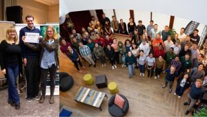 Links das Gruppenfoto während der CataLight Summer School 2025. Rechts das Foto von Charlotte Mankel, Alexander Eith und Kristína Rabatinová während der Tandem-Talk-Zeremonie.