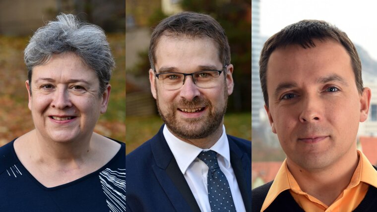 Dekanin Prof. Nina Kukowski, Studiendekan Prof. Sebastian Henn und Prodekan Prof. Lothar Wondraczek (v.l.)