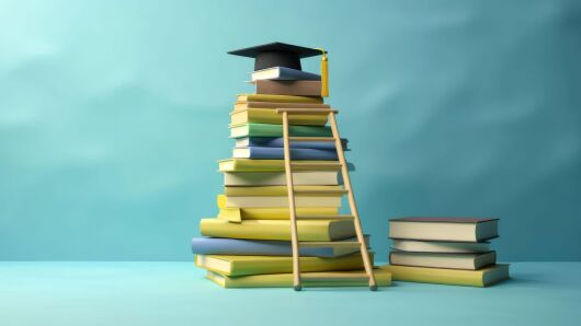 Abolventenhut mit Büchern und Leiter