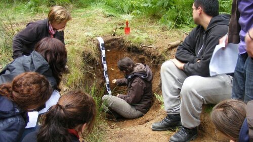 Prof. Dr. Michalzik und Geographie-Studierende bei einem Geländepraktikum zur Bodenkunde.